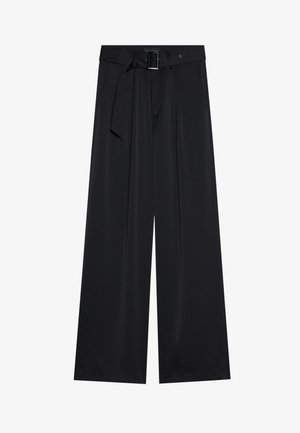 Mustad laiad püksid, mis on valmistatud siledast kangast, kõrge vöökoha ja nööriga detailiga, esiküljel on silmapaistvad voldid.