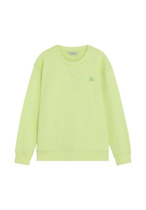 Sudadera verde claro con cuello redondo y mangas largas, puños y dobladillo acanalados, y un pequeño logo bordado en el pecho izquierdo.