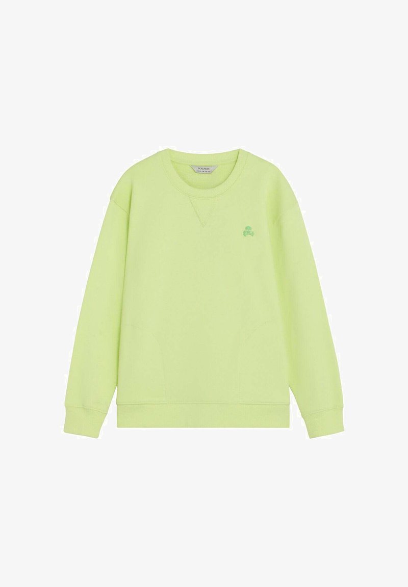 Sweatshirt vert clair à col rond avec manches longues, poignets et ourlet côtelés, et un petit logo brodé sur le côté gauche de la poitrine.