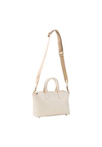 Sac à main blanc avec quincaillerie dorée, présentant une surface texturée et un motif floral en relief. Comprend deux poignées et une bandoulière amovible.