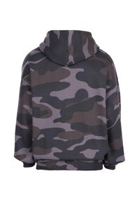 Hættejakke med sort, mørkegrå og brun camouflagemønster vist fra ryggen.