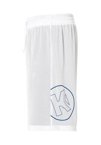 Weiße Netzsportshorts mit einem elastischen Bund, Kordelzug und einem blauen Umrisslogo an der unteren Seite. Belüfteter Stoff überall.