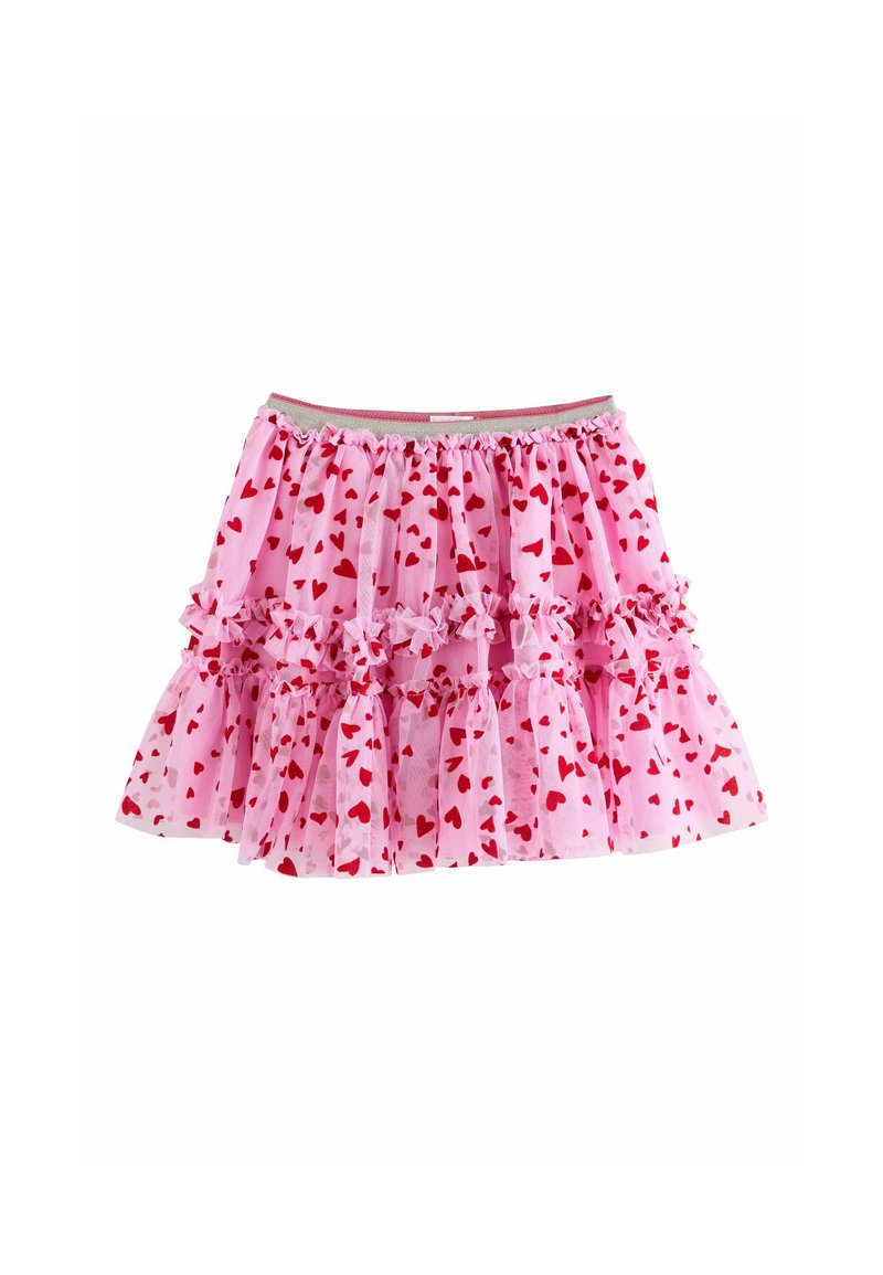 Jupe rose à volants en tulle, avec plusieurs couches de volants et de petits motifs de cœurs rouges partout, dotée d'une ceinture élastique.