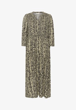 Gemustertes Kleid mit V-Ausschnitt, dreiviertelärmel und fließender Silhouette. Verfügt über ein marmoriertes Design in Schwarz- und Beigetönen.