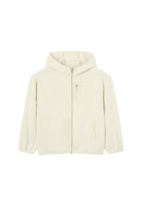 Giacca a cappuccio beige chiaro realizzata in morbido pile, con zip frontale, due tasche laterali e una piccola tasca sul petto per riporre oggetti.