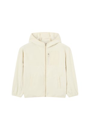 Jasno beżowa kurtka z kapturem, wykonana z miękkiego polaru, z zamkiem z przodu, dwiema bocznymi kieszeniami i małą kieszonką na piersi do przechowywania.
