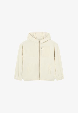Light beige hooded jacket made of soft fleece, featuring a front zipper, two side pockets, and a small chest pocket for storage.