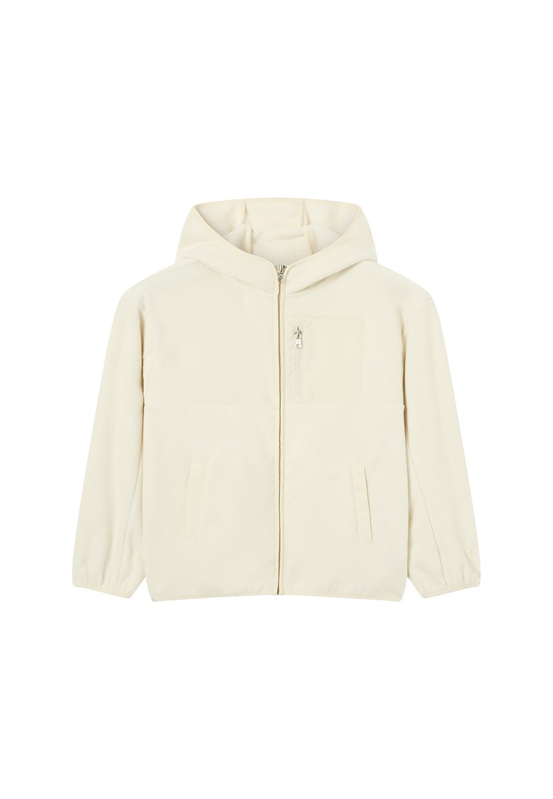 Giacca a cappuccio beige chiaro realizzata in morbido pile, con zip frontale, due tasche laterali e una piccola tasca sul petto per riporre oggetti.