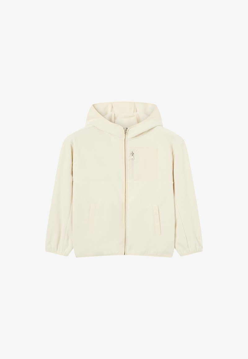 Giacca a cappuccio beige chiaro realizzata in morbido pile, con zip frontale, due tasche laterali e una piccola tasca sul petto per riporre oggetti.