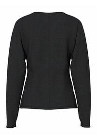 Juoda ilgomis rankovėmis palaidinė su apvalia iškirpte, aptempta forma ir lygiu audiniu; gale yra subtilios siūlių detalės.