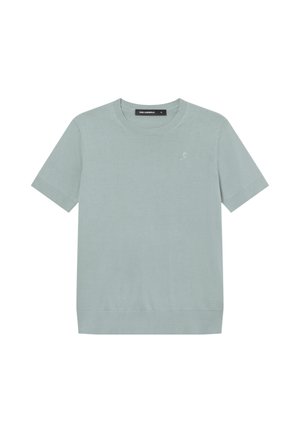 Light green short-sleeve knit top with round neckline and subtle embossed logo on the left chest, size medium.