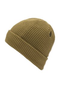 Bonnet vert en tricot texturé, avec un revers retroussé et un petit logo sur le côté. Forme arrondie, design chaleureux.