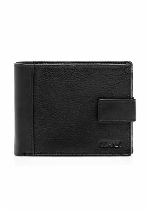 Czarny, teksturowany portfel dwuklapowy z zapięciem na zatrzask i wytłoczonym logo "COLIN'S" na przednim, dolnym prawym rogu.