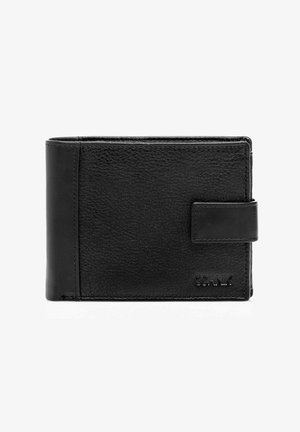 Czarny, teksturowany portfel dwuklapowy z zapięciem na zatrzask i wytłoczonym logo "COLIN'S" na przednim, dolnym prawym rogu.