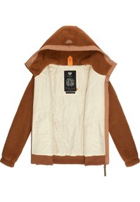 Giacca in fleece marrone con interno foderato. Presenta un cappuccio, polsini elasticizzati e zip completa. L'etichetta interna mostra il logo del marchio e le istruzioni per la cura.