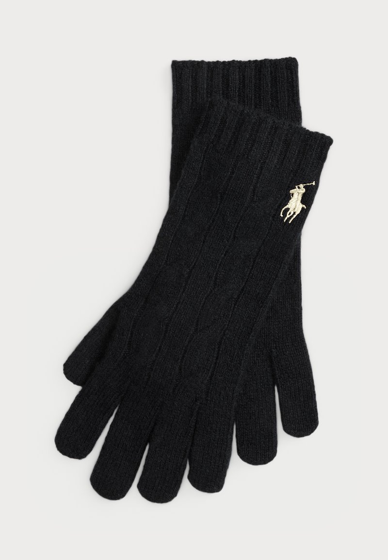 Guantes de lana negros con puños acanalados, que presentan un diseño de trenzas y un pequeño acento de logo dorado. Hechos de un material suave y texturizado.
