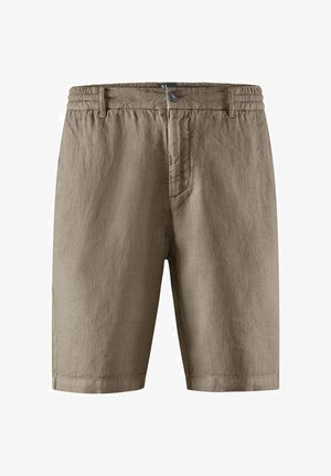 Męskie casualowe szorty w kolorze khaki z elastycznym pasem, zapięciem na guzik, szlufkami na pasek oraz bocznymi kieszeniami, pokazane z przodu.