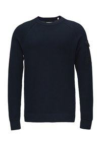 Donkerblauwe gebreide sweatshirt met een textuurpatroon, geribde manchetten en zoom. Bevat een patchzak op de linkermouw.