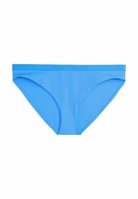 Bañador azul de corte slip, hecho de material suave, con un logo a lo largo de la cinturilla y un diseño simple y aerodinámico.