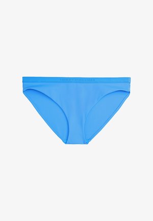 Blaue Schwimmslips aus glattem Material, mit einem Logo entlang des Taillenbunds und einem einfachen, schlanken Design.