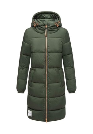Grön puffjacka med huva, med en fullständig framdragkedja, elastiska ärmslut och två sidofickor. Guld accenter och logotypetikett.