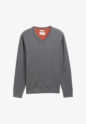 Maglione grigio a collo a V con maniche lunghe, caratterizzato da un collare interno arancione a contrasto. Realizzato in un tessuto morbido, con polsini e orlo a costine.
