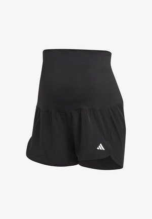 Svart treningsts shorts med en tettsittende midjebånd og løs ytterlag. Stoffet er mykt med en subtil tekstur. Merket har en påfallende hvit logo.