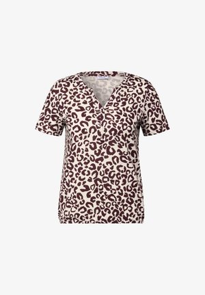 Korte mouwen t-shirt met luipaardprint, voorzien van een v-hals, gemaakt van zachte stof in crème met bordeauxrode en zwarte vlekken.