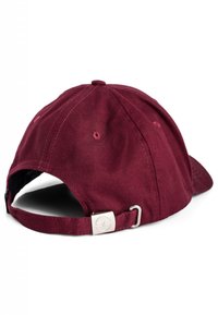 Burgundy baseball cap with a curved visor, adjustable strap, and metallic hardware. Soft fabric with stitching details on the crown.