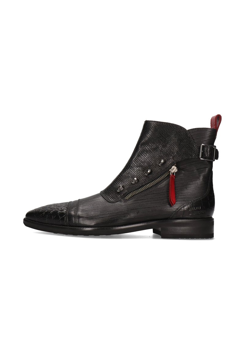Botas de tobillo negras con cuero texturizado, puntera afilada, detalles de cremallera, acento rojo, hebilla lateral y tacón bajo. Patrón distintivo en la puntera.