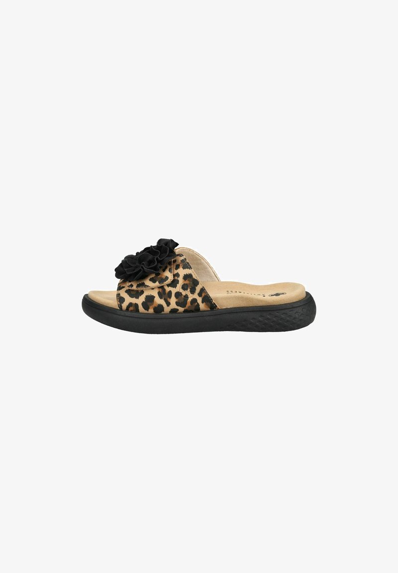 Sandale slip-on avec bride imprimé léopard, détail fleur en tissu noir, semelle intérieure beige rembourrée et semelle extérieure noire texturée.