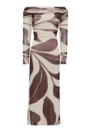 Langes schulterfreies Kleid mit langen Ärmeln, mit beiger Basis und großen abstrakten braunen Blattmustern.