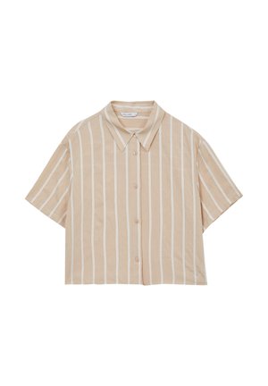 Camicia a maniche corte, con colletto, beige con righe bianche verticali. Bottoni sul davanti, design casual accorciato, texture del tessuto liscia.