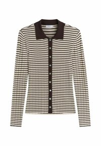 Långärmad ribbat stickad cardigan med horisontella svarta och beige ränder, mörk krage och framknäppning.