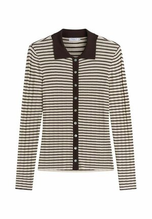 Langærmet ribstrikket cardigan med horisontale sorte og beige striber, mørk krave og frontlukning med knapper.