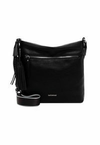 Black leather crossbody bag with textured finish, zippered front pocket, decorative tassels, and a grey adjustable strap.