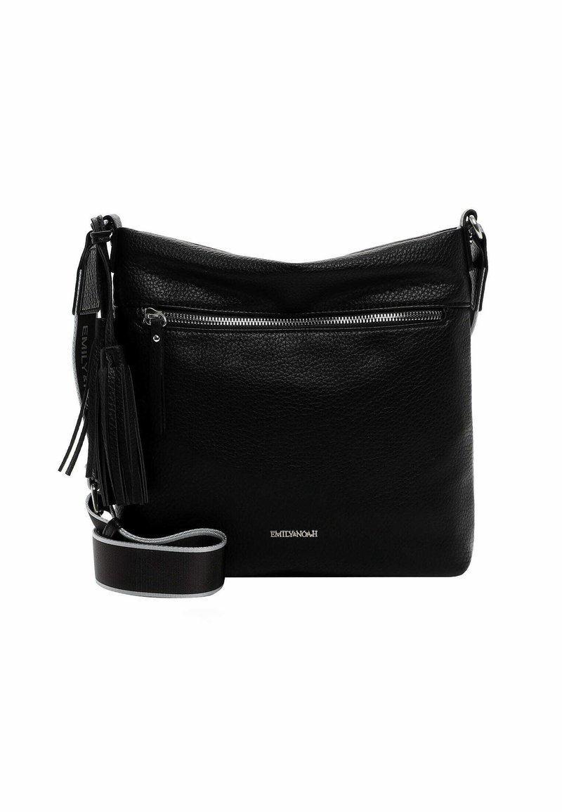 Black leather crossbody bag with textured finish, zippered front pocket, decorative tassels, and a grey adjustable strap.