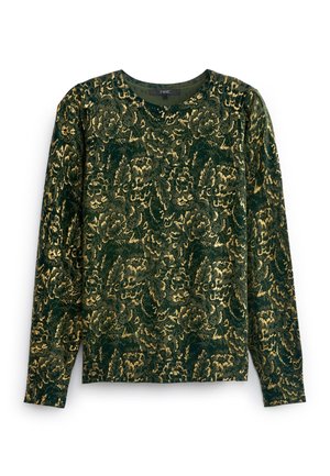 Haut en velours vert foncé à manches longues avec un motif floral en brocart doré et un col rond.