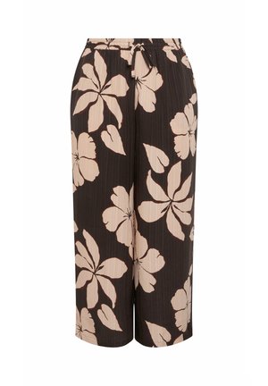 Pantalon large court avec fond noir et grand imprimé floral beige, doté d'une taille élastique avec cordon de serrage.