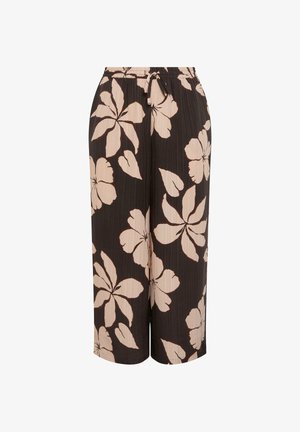 Weite, gekürzte Hosen mit schwarzem Hintergrund und großem beigem Blumenmuster, mit elastischem Bund und Kordelzug.