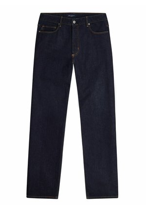 Jean droit bleu foncé avec fermeture à boutons et zip à l'avant, design à cinq poches et coutures orange visibles.