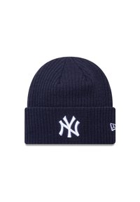 Beanie lavorato a maglia blu navy con texture a coste, caratterizzato da un logo ricamato bianco dei New York Yankees e una fascia piegata in fondo.