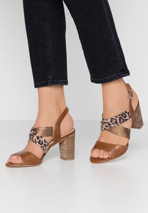 Brown leather high-heeled sandals with leopard-patterned straps and a textured light brown block heel. Open toe design.