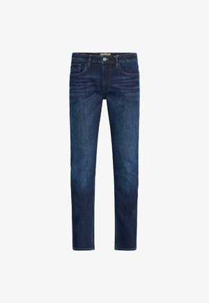 Dark blue denim jeans with a straight leg cut, five pockets, subtle fading, and a classic button and zip fly closure.