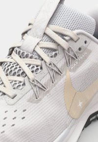 Chaussure de trail Nike avec une tige en mesh gris clair, des accents beiges, une surface texturée et un bout renforcé.