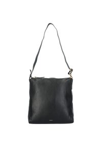 Sac à bandoulière en cuir noir au toucher lisse, de forme rectangulaire, avec une sangle ajustable et une quincaillerie dorée sur la fermeture éclair.