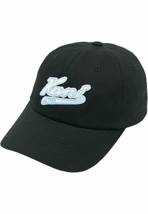 Svart baseballkeps med en broderad ljusblå "Kani"-logotyp och en böjd skärm, med en texturerad tyg och justerbart baksnöre.