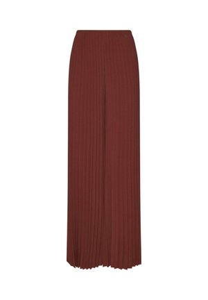Pantaloni a vita alta, a gamba larga con pieghe di colore ruggine profondo, caratterizzati da sottili pieghe verticali e una cintura liscia.
