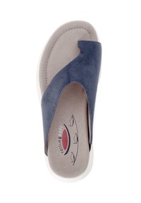 Navy blue sandal with a soft suede upper, beige cushioned footbed, and white outsole. Features a toe loop design for secure fit.