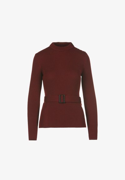 Ribbeliger kastanienbrauner Pullover mit hohem Kragen, langen Ärmeln und tailliertem Schnitt mit einem rechteckigen Gürtelverschluss. Glatte Textur und körpernaher Schnitt.